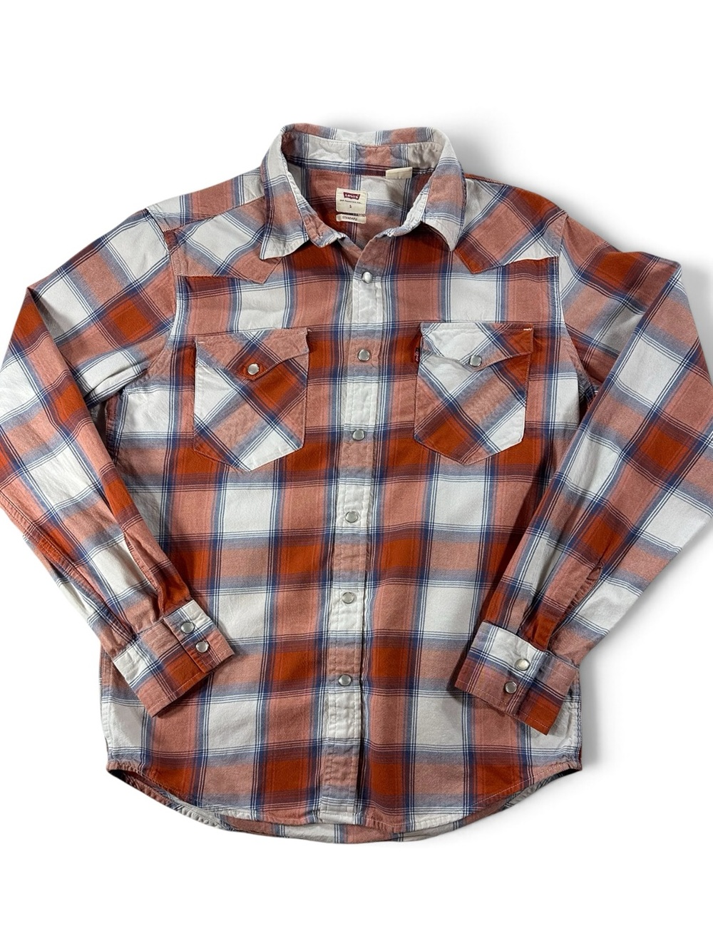 Levi's Men’s S LS Orange White & Blue Plaid Western Pearl Snap Button-Down Shirt